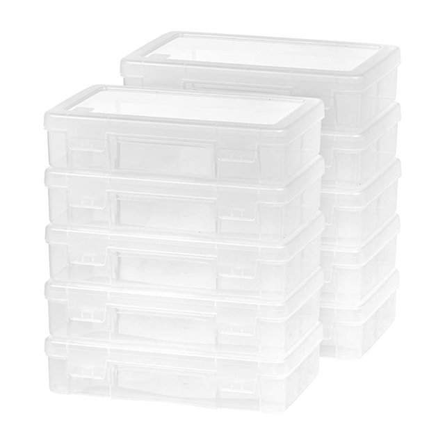 IRIS USA Medium Plastic Clear Hobby Modular Craft Supply Art Satchel Storage Box Organizer with snap-tight closure latch for ribbons, beads, stickers, yarn, ornaments, 10 pack