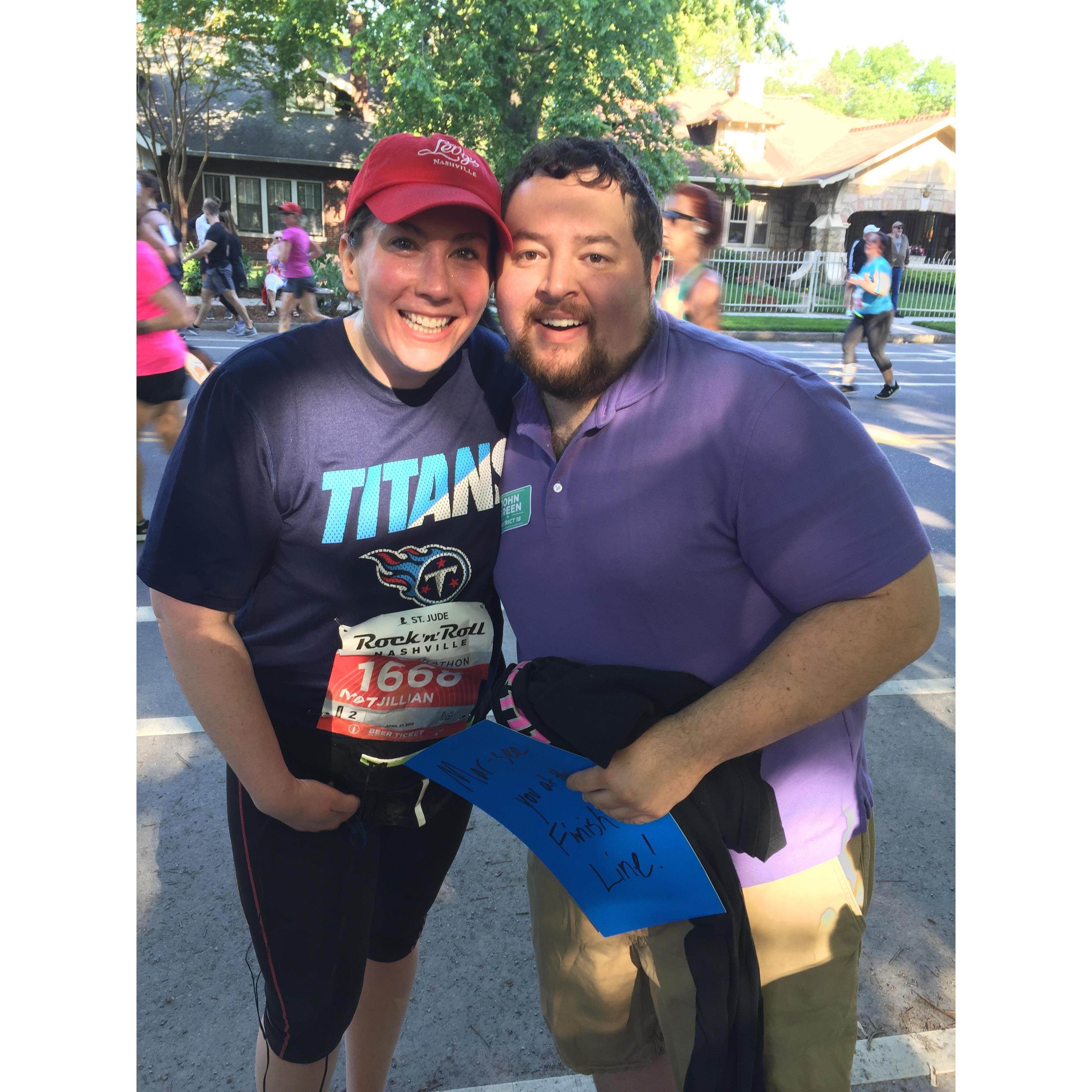 Jacob supporting Marci during another half marathon