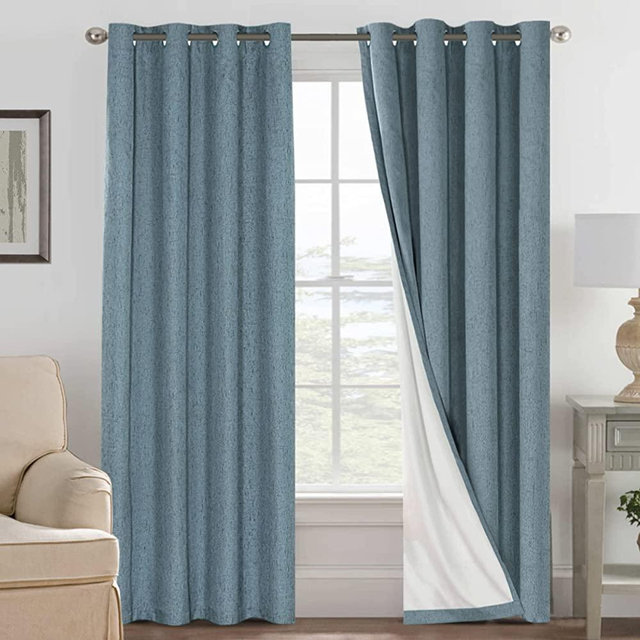 Linen Blackout Curtains 84 Inches Long 100% Absolutely Blackout Thermal Insulated Textured Linen Look Curtain Draperies Anti-Rust Grommet, Energy Saving with White Liner, 2 Panels, Stone Blue
