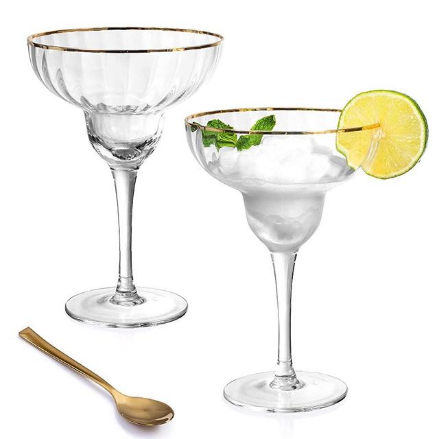Hand Blown Margarita Glasses - 24K Gold Rim - Set of 2 Margarita & Martini 12 Oz Classic Crystal Glass, Lead-Free Cocktail, Dessert Set with Gold-Plated Spoons, Entertaining and Gifting by Lumi & Numi