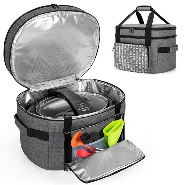 YARWO Slow Cooker Travel Bag with Bottom Board Compatible with Crock-Pot and Hamilton Beach 6-8 Quart Oval Slow Cooker, Double Layers Slow Cooker Carrier, Gray with Arrow (Bag Only)