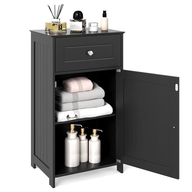 Tangkula Small Bathroom Cabinet for Small Spaces, Free-Standing Single Door Storage with Adjustable Shelf, Anti-Tipping Device, Smooth Drawer, Floor Cabinet for Bathroom & Living Room (Black)