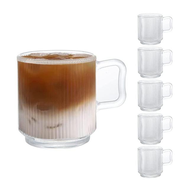 [6 PACK, 12 OZ] DESIGN•MASTER Premium Glass Coffee Mugs with Handle, Classic Vertical Stripes Tea Cup,Transparent Tea Glasses for Hot/Cold Beverages, Perfect Design for Americano, Cappuccino, Latte.