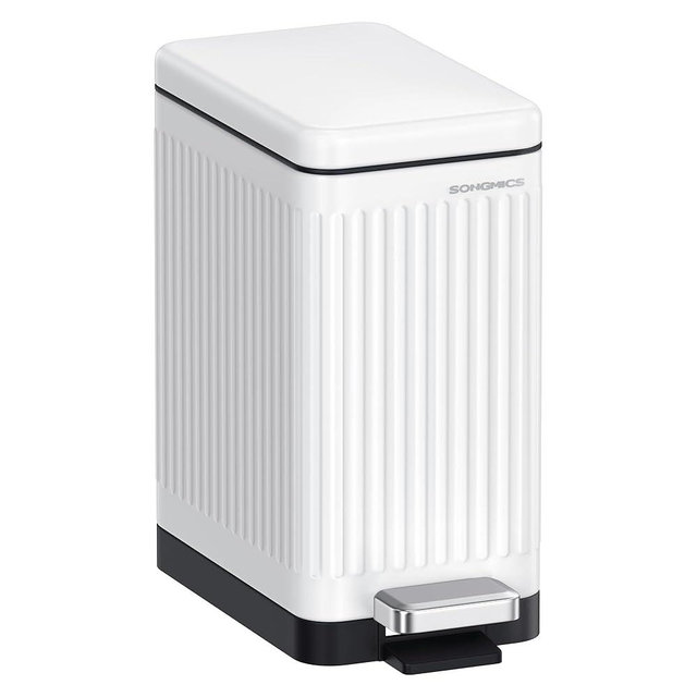 SONGMICS Bathroom Trash Can, 2.6-Gallon (10 L) Trash Bin with Lid, Slim for Small Spaces, Stainless Steel Garbage Can, Soft Close, White ULTB562W01