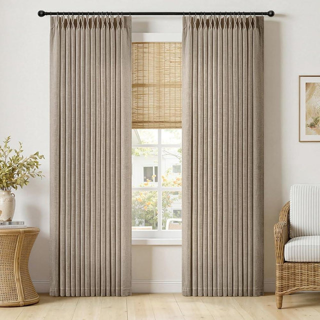 MIULEE Pinch Pleated Thick Linen Curtains 84 Inches Long 2 Panels for Living Room Bedroom, Memory Trained Drapes Pleat Back Tab Light Filtering Grey Beige Window Curtains with Hooks&Rings