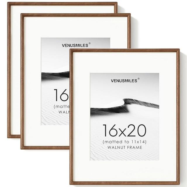 16x20 Picture Frame with 11x14 Mat, USA-Sourced Natural Walnut Wood Photo Collage Frame with HD Tempered Glass, Double Mortise and Tenon Strips, Wall Display Horizontally and Vertically, 3 Pack
