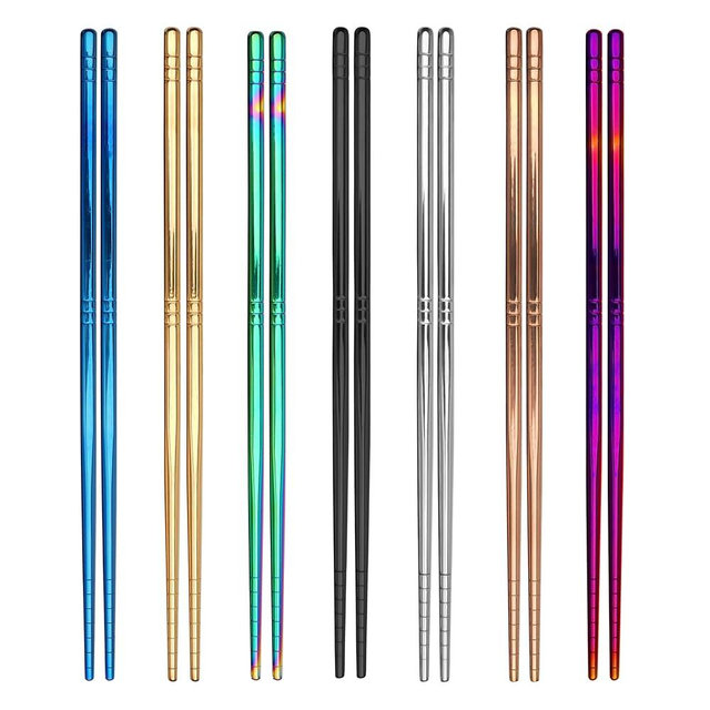 ESSBES 7 Pairs Metal Chopsticks, 7 Colors Reusable Stainless Steel Chopsticks, 13 Rings Pattern Non-slip Dishwasher Safe Chop Sticks, Square Lightweight Chopsticks, 8.9 Inches