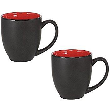 Ceramic Large Coffee Mug Black w/ Red Interior, 16 ounce (Pack of 2)