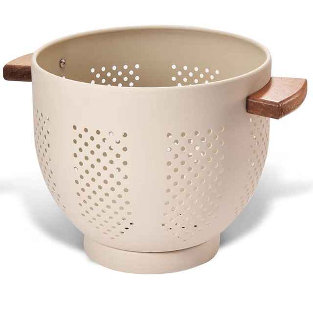 Metal Colander with Wood Handle and Stable Base, Powder Coated Steel Kitchen Strainer Basket for Draining Pasta, Vegetable and fruit(7quart,Sandyellow)