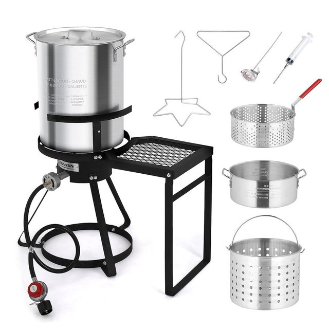 ROVSUN 30QT Turkey Fryer & 10QT Fish Fryer Kit, 55000BTU Propane Stove with Shelf, Aluminum Outdoor Deep Fryer & Seafood Boiler Steamer w/Baskets, Thermometer, Marinade Injector, Turkey Rack & Lifter