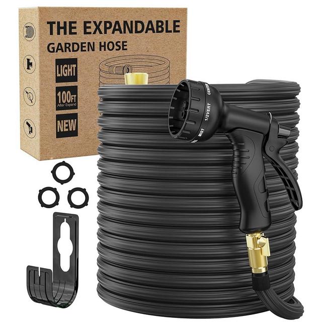Garden Hose 100ft,Expandable Flexible Garden Hose Leak-Proof with 40 Layers of Innovative Nano Rubber,2024 Version/New Patented, Lightweight, Durable, 3/4" Solid Brass Fittings (100FT, black)
