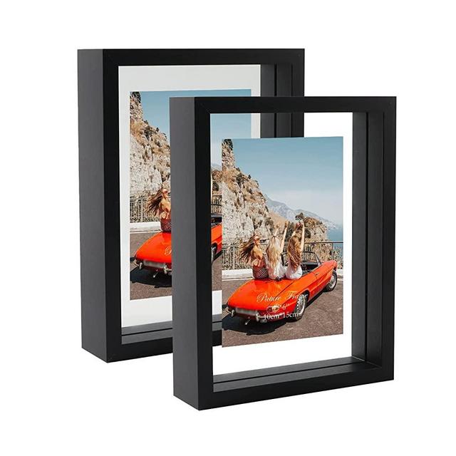 Trwcrt 2 Pack 4x6 Floating Picture Frame, Double Side Tempered Glass Picture Frames，Display up to 6 x 8 photos for Desktop or Wall Hanging, Black