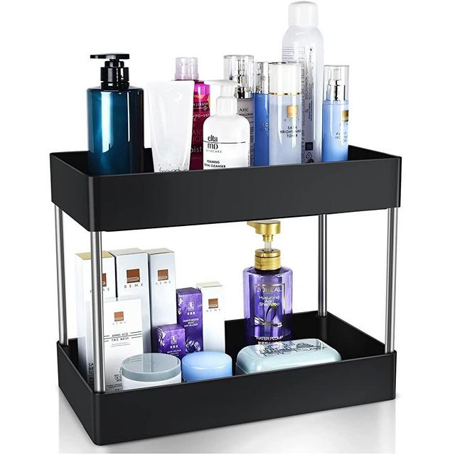 Under Sink Organizer, Under Bathroom Cabinet Storage 2 Tier Under Sink Storage Rack with 4 Hooks, Under Cabinet Organizer Baskets, Multi-purpose Under Sink Shelf Organizer for Bathroom Kitchen (Black)