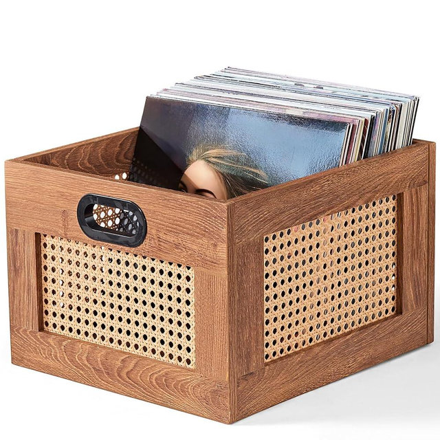 LELELINKY Vinyl Record Storage Crate, Rattan Vinyl Record Holder with Handle, Wood Record Crate for Vinyls Holder up to 75 LP's, Desktop Cube Album Storage for Vinyls Records(Tea Brown)