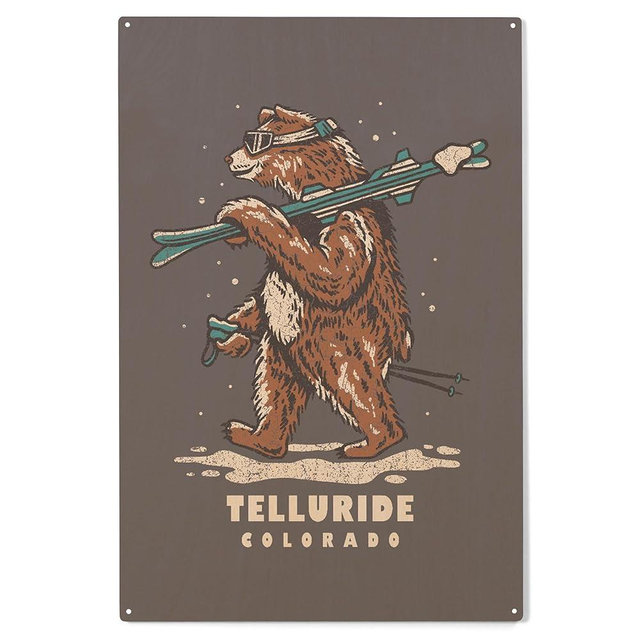Lantern Press 10x15 Inch Wood Sign, Ready to Hang Wall Decor, Telluride, Colorado, Ski Bear