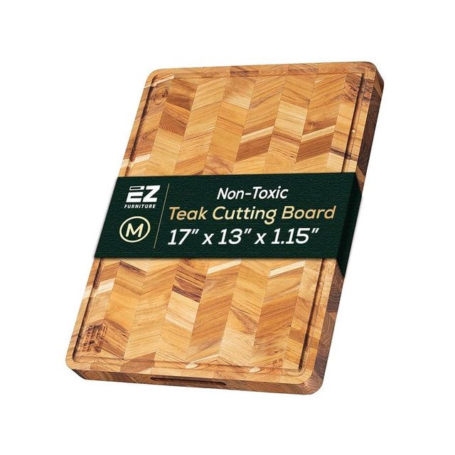 EZ FURNITURE Non-Toxic Teak Herringbone Wood Cutting Board & Serving Board, Pre-Oiled Edge Grain with Juice Groove and Handles, Food Grade Mineral Oil Coating (M 17" x 13" x 1.15", 6.39 lbs)