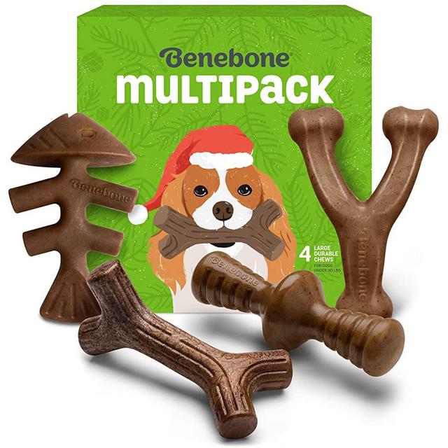 Benebone Holiday 4-Pack Durable Dog Chew Toys for Aggressive Chewers, Real Flavors, Made in USA