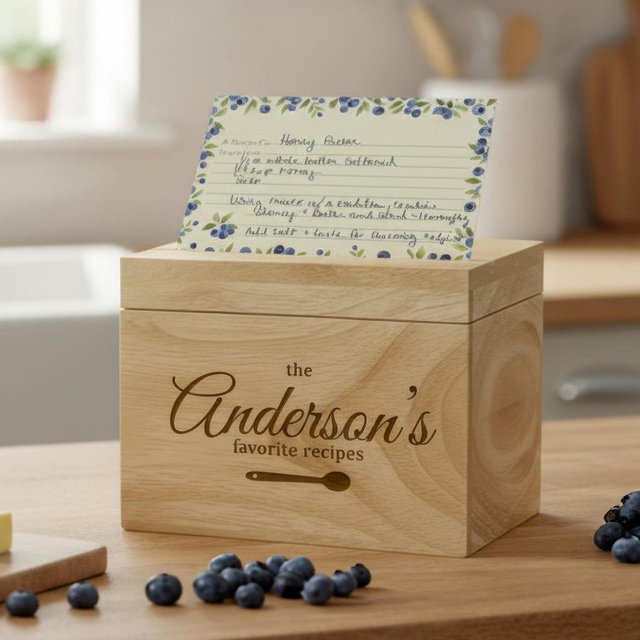 Personalized Engraved Wood Recipe Box | Custom Family Name Cookbook Holder | Bridal Shower Gift | Housewarming Kitchen Decor
