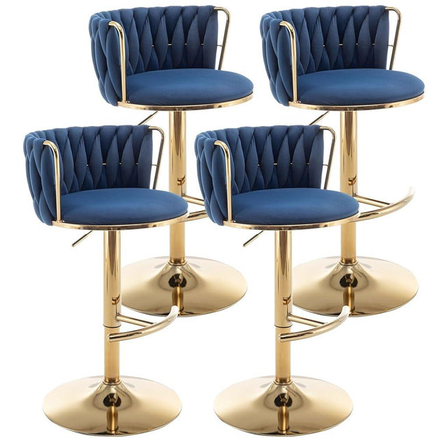 Riknuxi Gold Velvet Bar Stools Set of 4, Counter Height Bar Stools with Low Back, Swivel Bar Stools for Kitchen Island, Bar Pub (Blue)