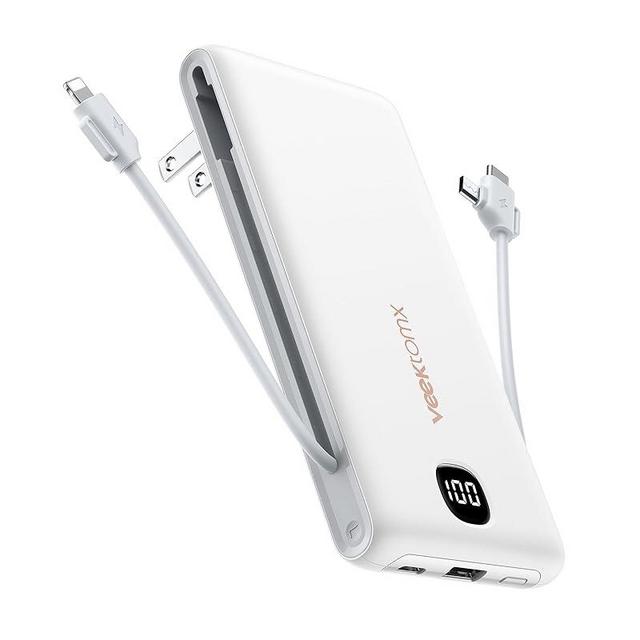 VEEKTOMX Power Bank with Built in Cables 10000mAh, Portable Charger for iPhone with Built in AC Wall Plug, Fast Charging USB C Slim iPhone Charger with LED Display Compatible with iPhone14/13, Samsung