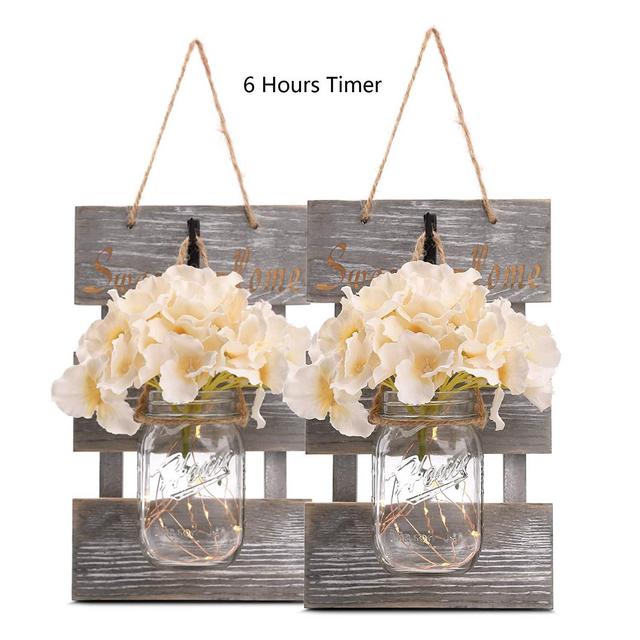 Rustic Grey Mason Jar Sconces for Home Decor, Decorative Chic Hanging Wall Decor Mason Jars with LED Strip Lights, 6-Hour Timer, Silk Hydrangea, Iron Hooks for Home & Kitchen Decorations [Set of 2]