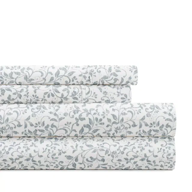 Delicate Blossoms Floral Patterned Ultra-Soft 4 Piece Bed Sheet Set - Becky Cameron, Distressed Vine Dusty Blue, Full