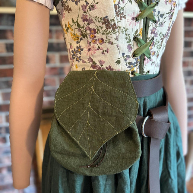 Green Leaf pouch, linen drawstring pouch, ren faire accessories, fairy costume