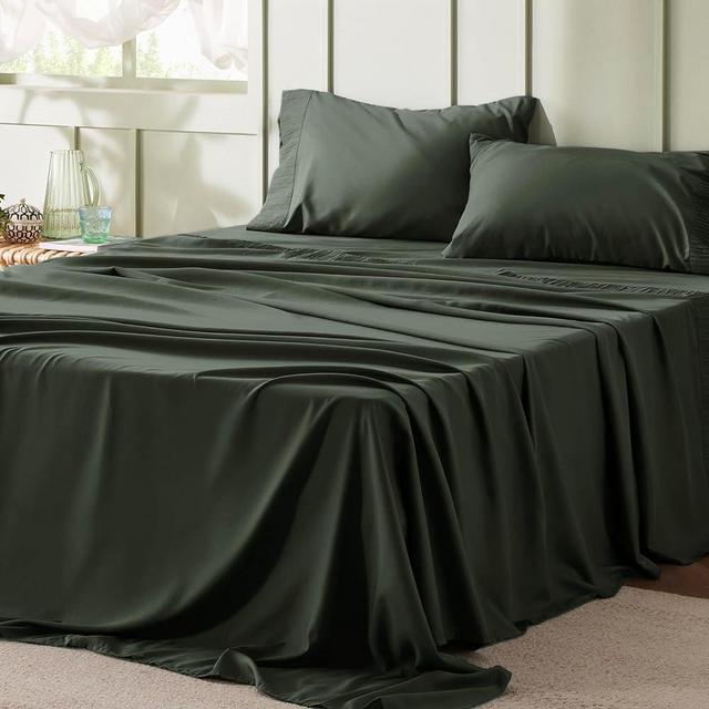 Bedsure Queen Sheet Set - Soft Sheets for Queen Size Bed, 4 Pieces Hotel Luxury Olive Green Queen Sheets, Easy Care Polyester Microfiber Cooling Bed Sheet Set