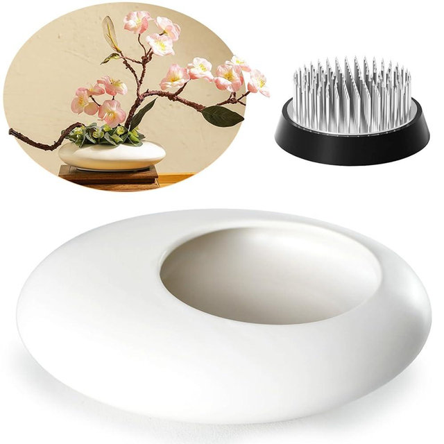 Japanese Inspired Ceramic Vase Ikebana kit, Pebble Shaped Flower Arrangement Bowl with 2inch Flower Frog Pin Frog Flower Stems Holder (White)