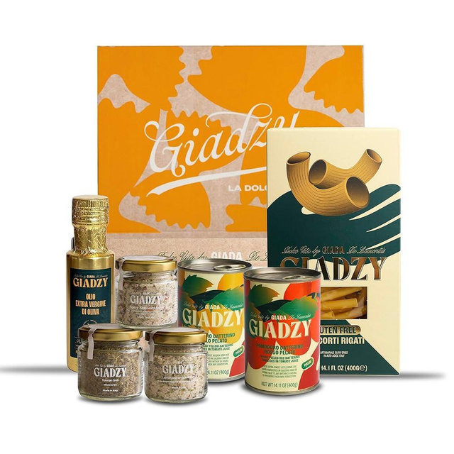 Giadzy by Giada De Laurentiis Italian Gourmet Gift Box - Includes Mini Gold - Wrapped Olive Oil, Gluten Free Ziti Corti, Peeled Yellow and Red Datterini Tomatoes, Spice Trio Pack