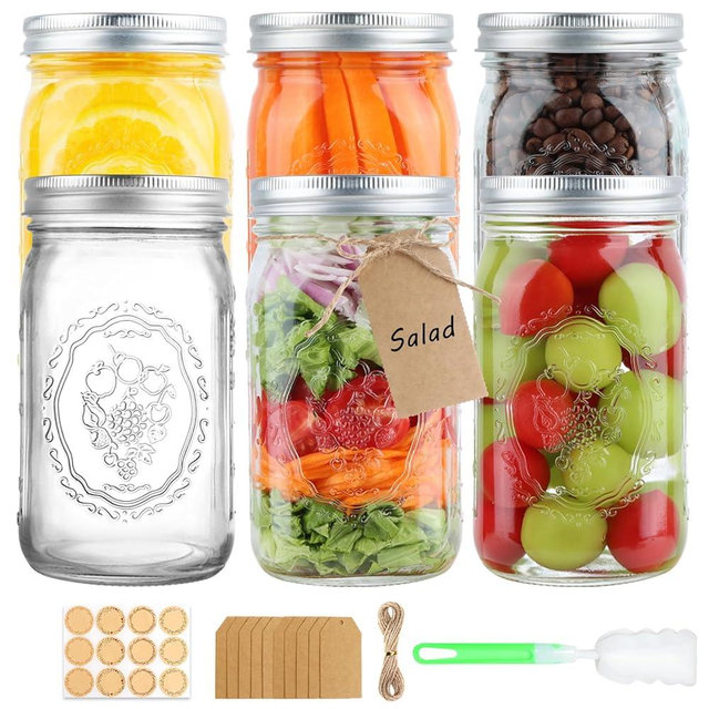 HWASHIN Wide Mouth Mason Jars 32 oz, 6 Pack Quart Canning Jars with Airtight Lids and Bands, Clear Glass Mason Jars for Canning, Pickling, Preserving, Meal Prep