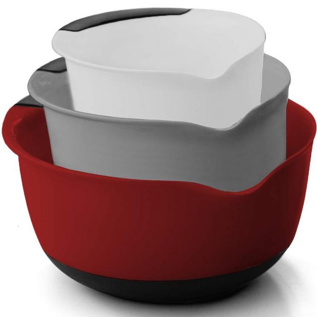 Gorilla Grip Mixing Bowls Set of 3, Slip Resistant Bottom, 5, 3, 1.5 Quart Nested Bowl, Dishwasher Safe, Grip Handle, Pour Spout, Baking and Cooking Bowls Kitchen Essentials, Red Gray White