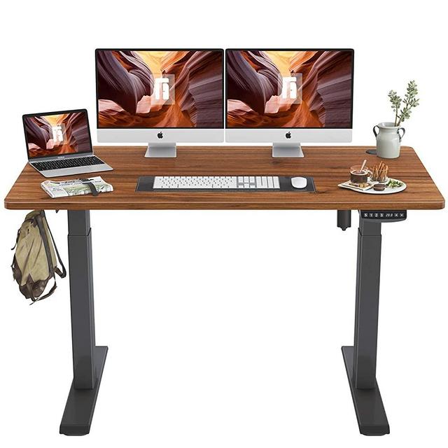 FEZIBO Height Adjustable Electric Standing Desk, 55 x 24 Inches Stand Up Table, Sit Stand Home Office Desk with Splice Board, Black Frame/Espresso Top