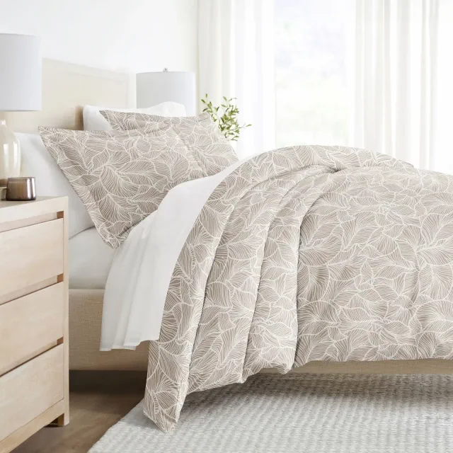 Linear Leaves Taupe 3PC Duvet Cover Set - Natural Pattern, Zippered Closure, Superior Weave - Becky Cameron, Linear Leaves Taupe, Full/Queen