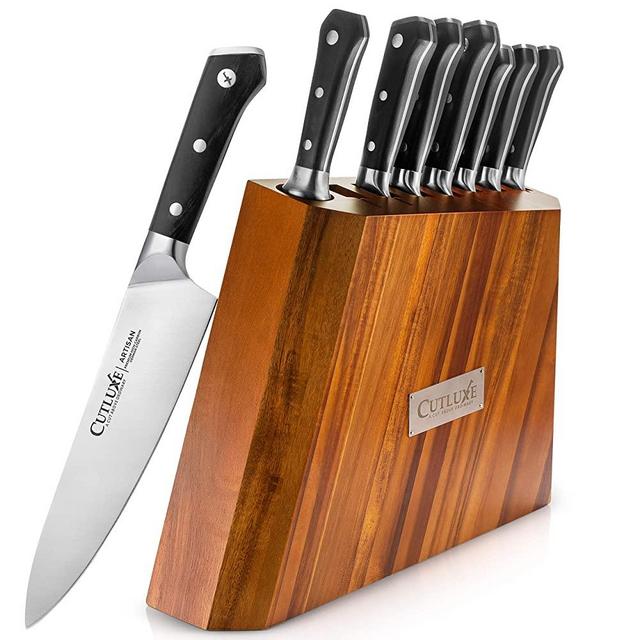CUTLUXE 8-Piece Knife Block Set – Forged of High Carbon German Steel – Full Tang & Razor Sharp Blades – Acacia Wood Block – Artisan Series