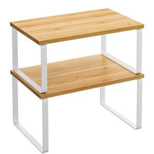 SONGMICS Cabinet Organizer Shelf, Set of 2 Kitchen Counter Shelves, Kitchen Storage, Spice Rack, Stackable, Expandable, Metal and Engineered Wood, Cloud White and Natural Beige UKCS02NW