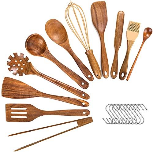 Wooden Utensils For Cooking,11 Pcs Wooden Spoons for Cooking, Teak Wooden Utensils Set, Wood Kitchen Utensils For Nonstick Pan, Wood Spatula Spoon Nonstick Kitchen Utensil Set (11)