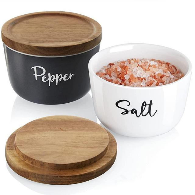 Farmhouse Salt and Pepper Bowls, DAYYET 10 oz Salt Cellar with Lid, Stacked Ceramic Salt Pepper Container with Wooden Lid, Salt Box for Countertop, White and Dark Grey Kitchen Decor, Set of 2