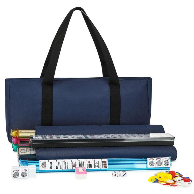 Suncle Mahjong Tile Set,166 White Tiles Mahjong Set, 4 All-in-One Rack/Pushers, American Mahjong Set with Blue Carrying Bag