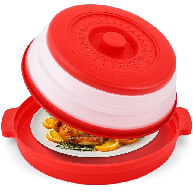 Microwave Splatter Cover for Food with Anti-scald Base Plate,Large Plastic & Silicone Vented Avoid Scalding Collapsible Guard Lid,Kitchen Essential Gadgets for Meal Prep-10.7 Inch (Red)