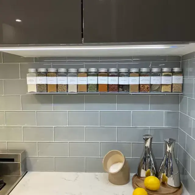 Magnetic Spice Jars + Shelves + Labels • Apartment Therapy featured • Water+Oil Resistant Spice Labels • Door & Wall Mount • Minimalist