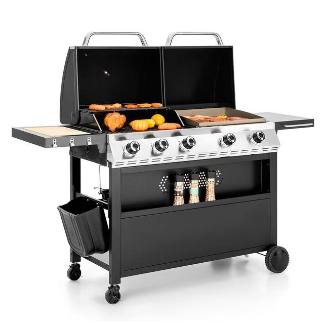 MFSTUDIO 5 Burner Gas Grill Griddle Combo with Porcelain-Enameled Cast Iron Grates,Cutting Board and Double Lids, Duel-Function Propane BBQ Grills with Flat Top Grddle for Outdoor Barbecue Cooking