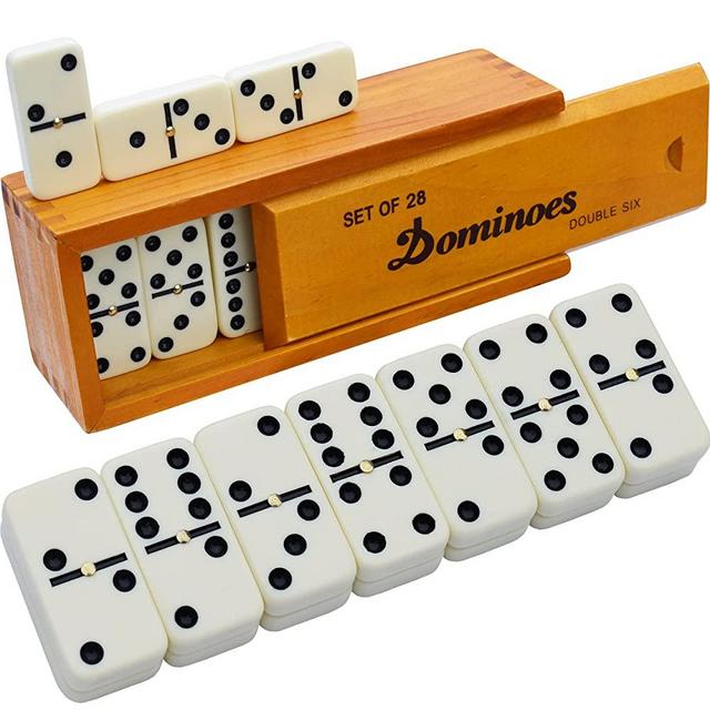 Double Six Dominoes Set for Dominos Tiles Game - Dominoes Set for Adults - Double 6 Dominoes Set 28 Tiles with Brown Wooden Case