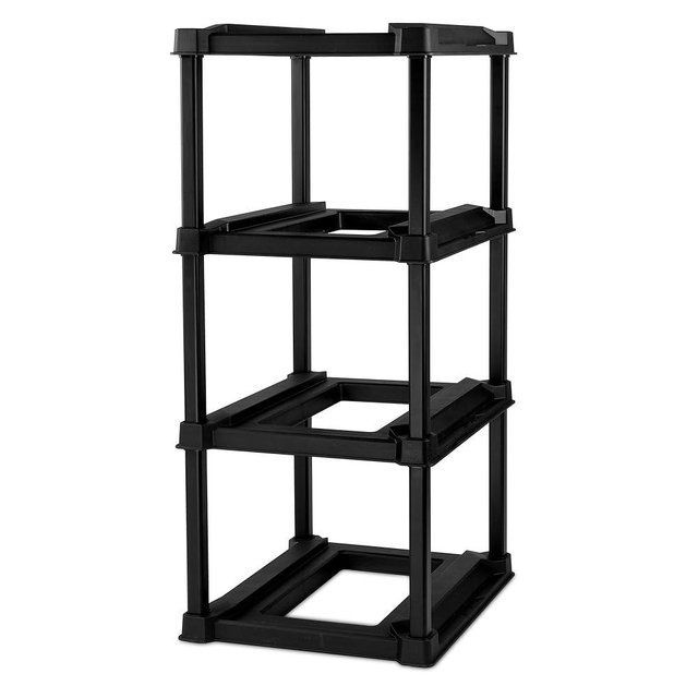 Sterilite 4 Tier Tote Rack, Vertical Plastic Storage Organizer Unit, Black - Use with Industrial Tote in Garages, Workshops, or Basements