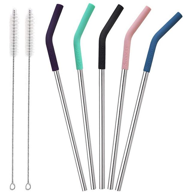 Senneny Set of 5 Stainless Steel Straws with Silicone Flex Tips Elbows Cover, 2 Cleaning Brushes and 1 Portable Bag Included (6mm diameter, Silver)