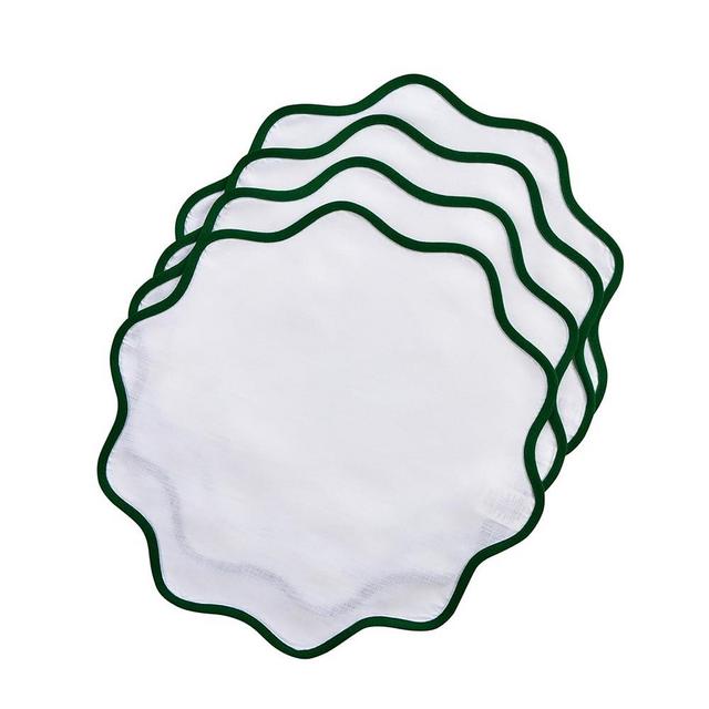 Solino Home Scallop Linen Placemats 16 Inch - 100% Pure Linen Garden Green and White Round Cloth Placemats Set of 4 - Giselle Scallop Edge, Handcrafted and Machine Washable Fabric