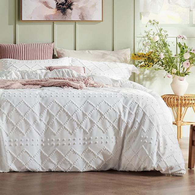 Bedsure Boho Duvet Cover Full - Full Size Duvet Cover Set, Full Boho Bedding Set for All Seasons, 3 Pieces Embroidery Shabby Chic Home Bedding Duvet Cover Set (White, Full, 80x90'')