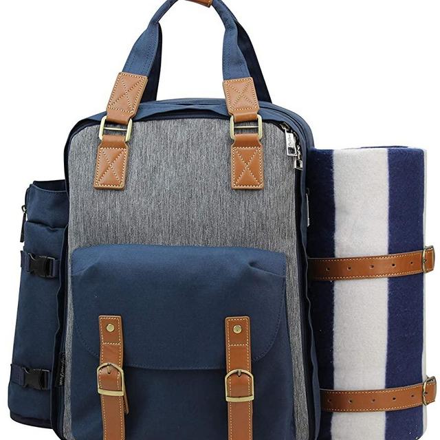 Picnic Backpack for 4 | Picnic Basket | Stylish All-in-One Portable Picnic Bag with Complete Cutlery Set, Stainless Steel S/P Shakers | Picnic Blanket Waterproof Extra Large| Cooler Bag for Camping