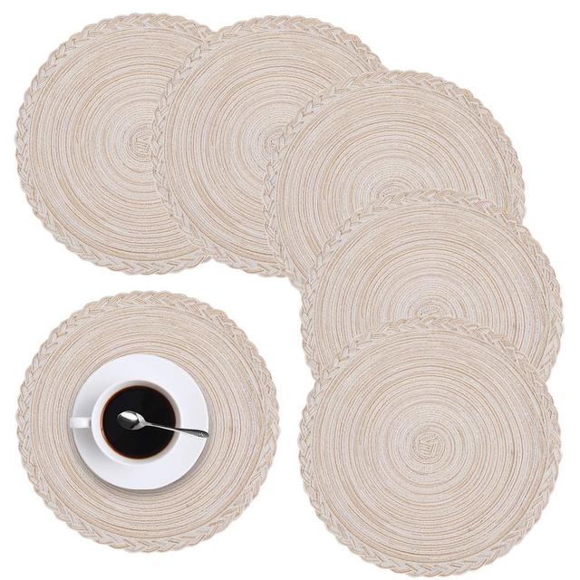 homing Round Placemats Set of 6 for Dining Table – Woven Heat Resistant Anti-Slid Cotton Kitchen Table Mats 14 Inch, Easy to Care, Mixed Color, Beige