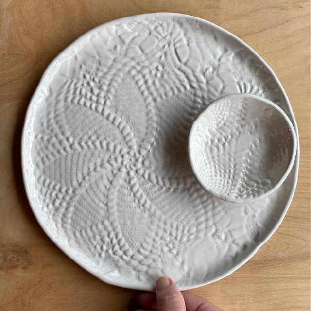 Minimalist White Platter and Bowl, Vintage Lace Hostess Set, Wedding Gift for Couple, Gift for Her, Rustic White Pottery, Farmhouse Kitchen